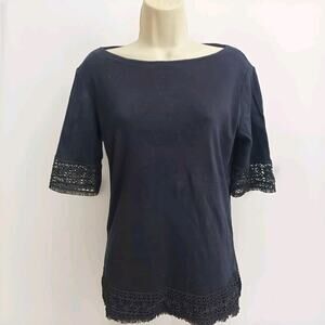 Women's Cotton Lace-Trim Shirt Casual Chic Size Small, Deep Black Karen Scott